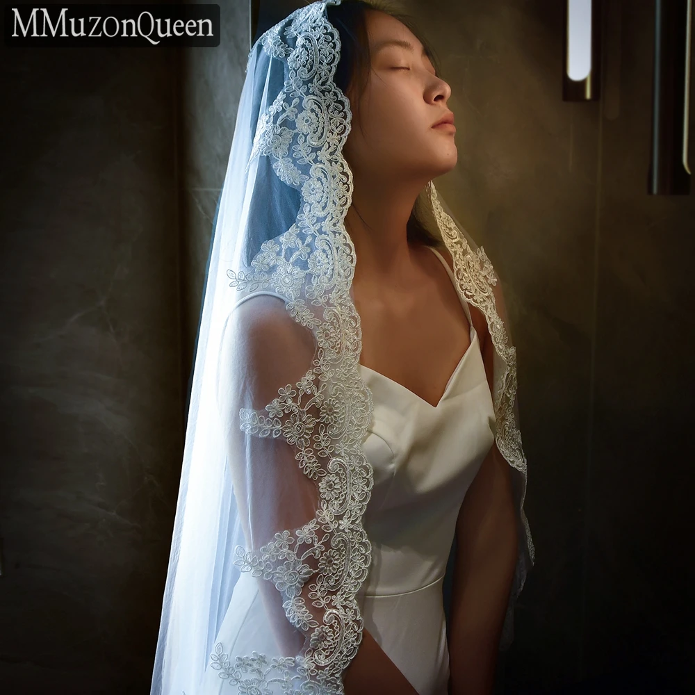 

Mmuzonqueen A49 Intellectual Elegant Fan-Shaped Lace Delicate Veil White Beige Bridal Wedding Cathedral Accessories