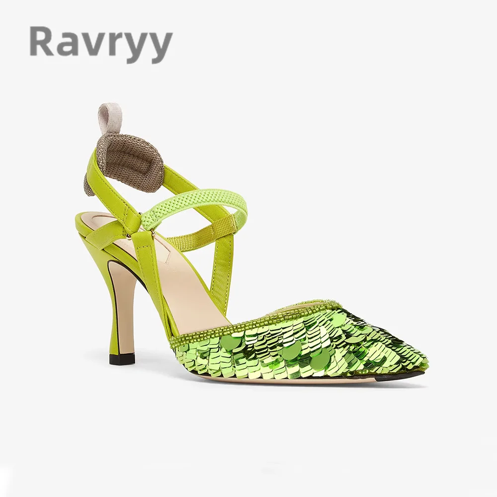 2023 Summer New Pointed Toe Slim Heel Sequins Side Open Fashion Sandals Women's Versatile Leisure Slip-On High Heels Shoes