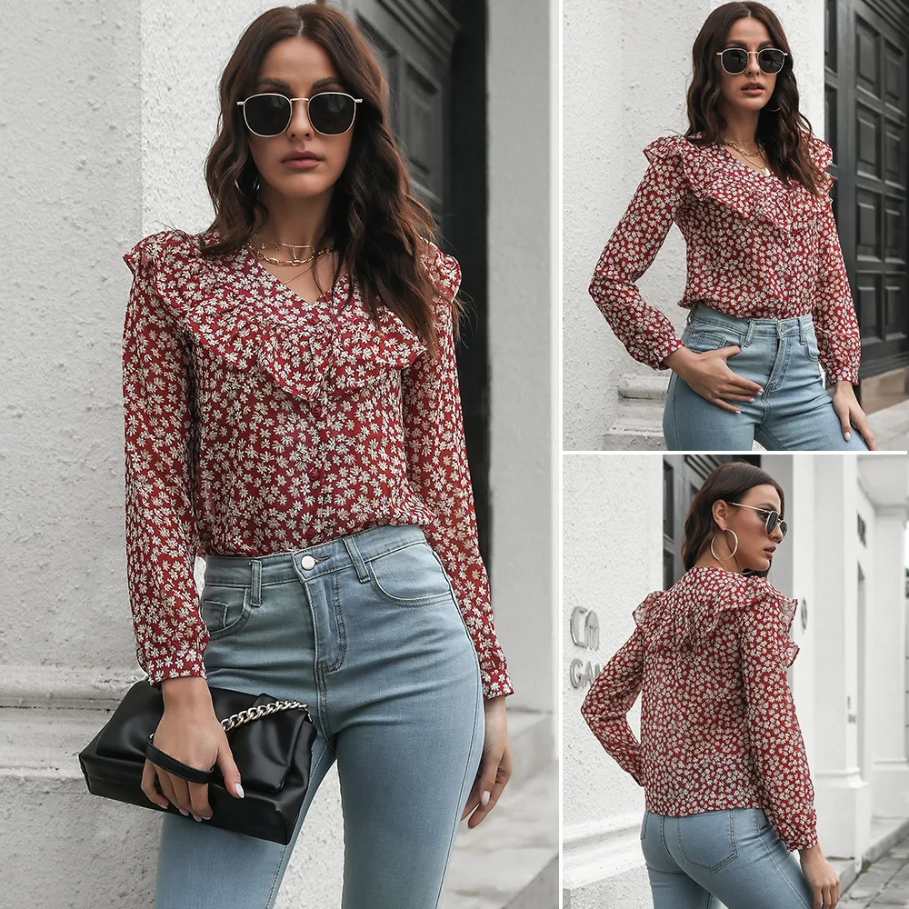 

Блузка женская с оборками и цветочным принтом, свободный шифоновый топ с V-образным вырезом и длинным рукавом