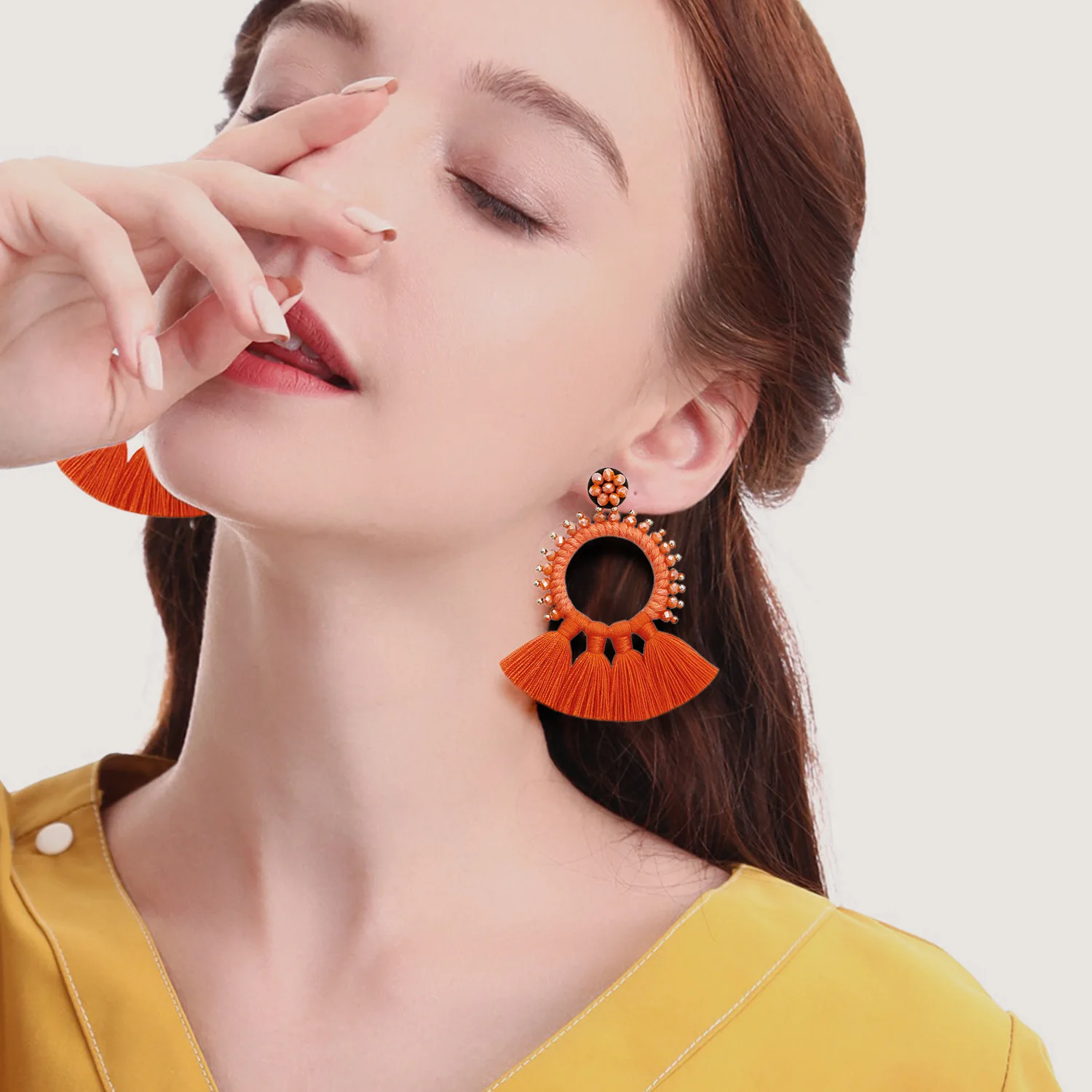 

Boho Fan-shaped Rice Bead Woven Hoop Earrings for Women DIY Bohemian Tassel Hand-made Jewelry Gift