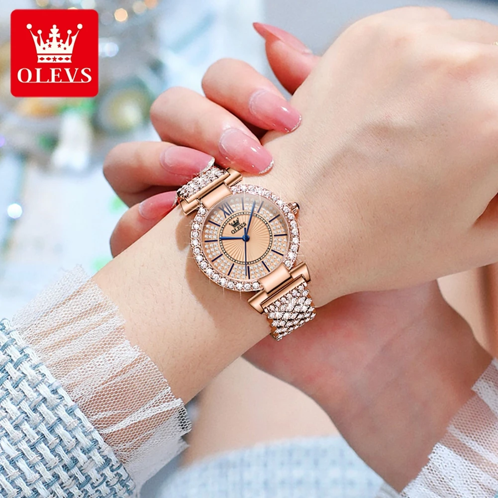 OLEVS Women's Watches Fashion Original Quartz Wrist Watch for Ladies Roman Dial Dazzling Diamond Waterproof Luminous Luxury New