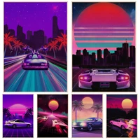 outrun vaporwave style city night car house sunset movie posters vintage room bar cafe decor room wall decor