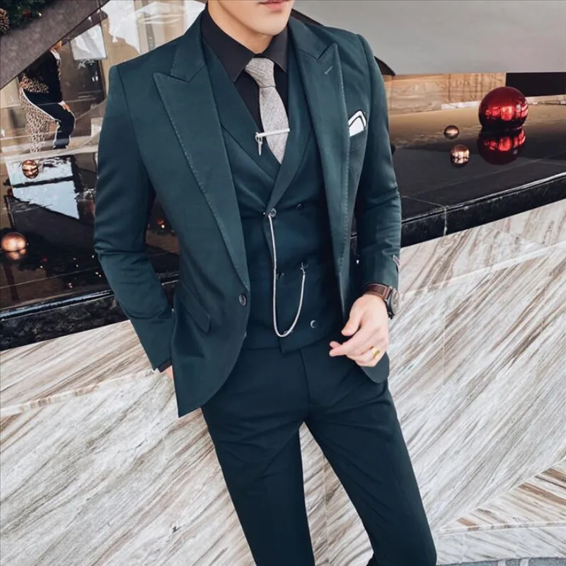 (Jacket+Vest+Pants) Men 3 Piece Suit Coat Set Slim Fashion Business Casual Jacket British Style Wedding Dress Blazers Trousers