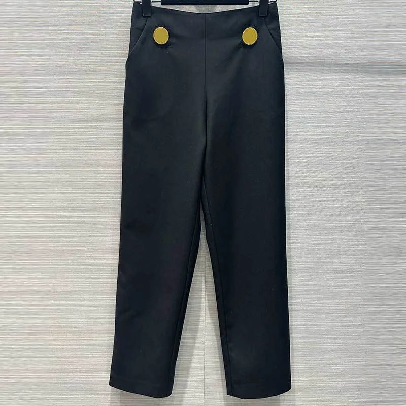 Fashion Trouses Classic Runway Simple Black High Waist Metal Button Decoration Straight Pants Slimming Side Zipper Women Clothes