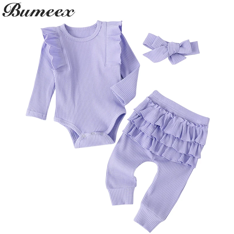 

Bumeex 0-18 Months Newborn Baby Girl Clothes Set Infant Girl Long Sleeve Bodysuit + Pants + Headband Cotton Clothing