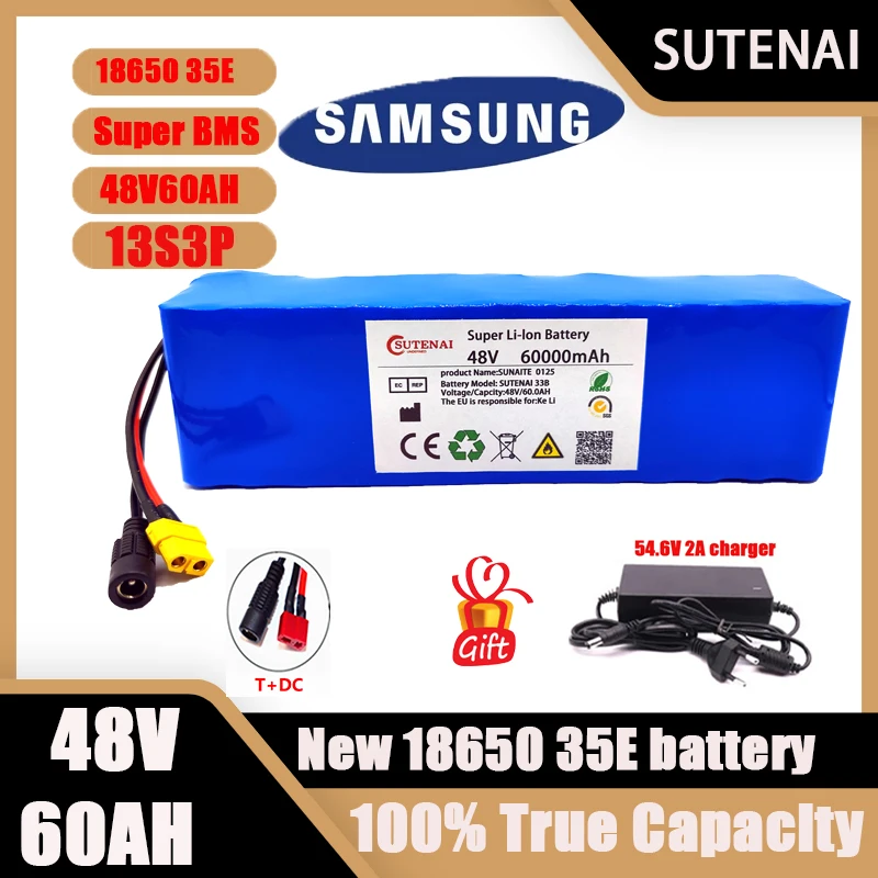 

New 48V 60000mAh 1000w 13S3P XT60 48V Lithium ion Battery Pack 60Ah For 54.6v E-bike Electric bicycle Scooter with BMS+charger