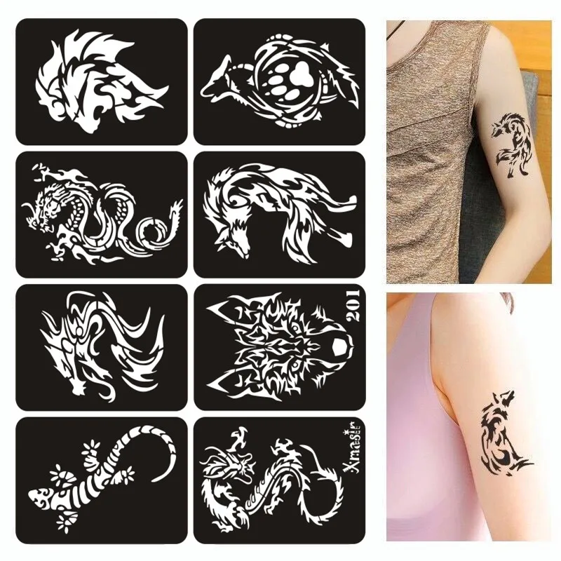 Airbrush Skull Stencils Diy Henna Finger Template Reusable Glitter Tattoo Stencil Hands Body Flames Dragon Butterfly Snowflake images - 6