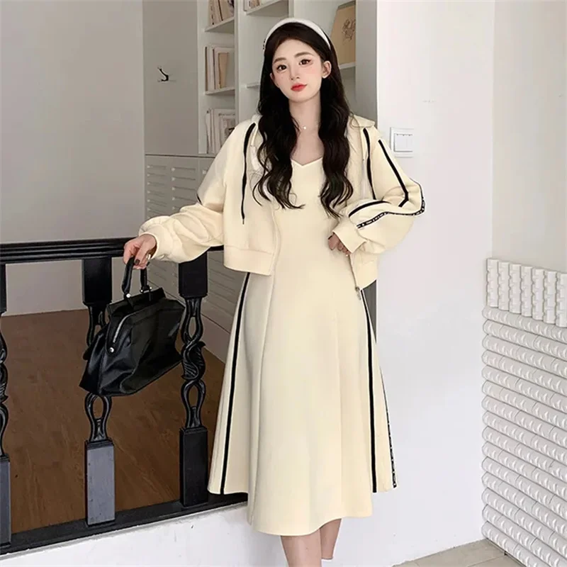 

Plus Size Fat MM300 KG Hidden Belly Meat Suit Women's Spring Hooded Sweater Sling Dress Age-Reducing Two-Piece Suit Female