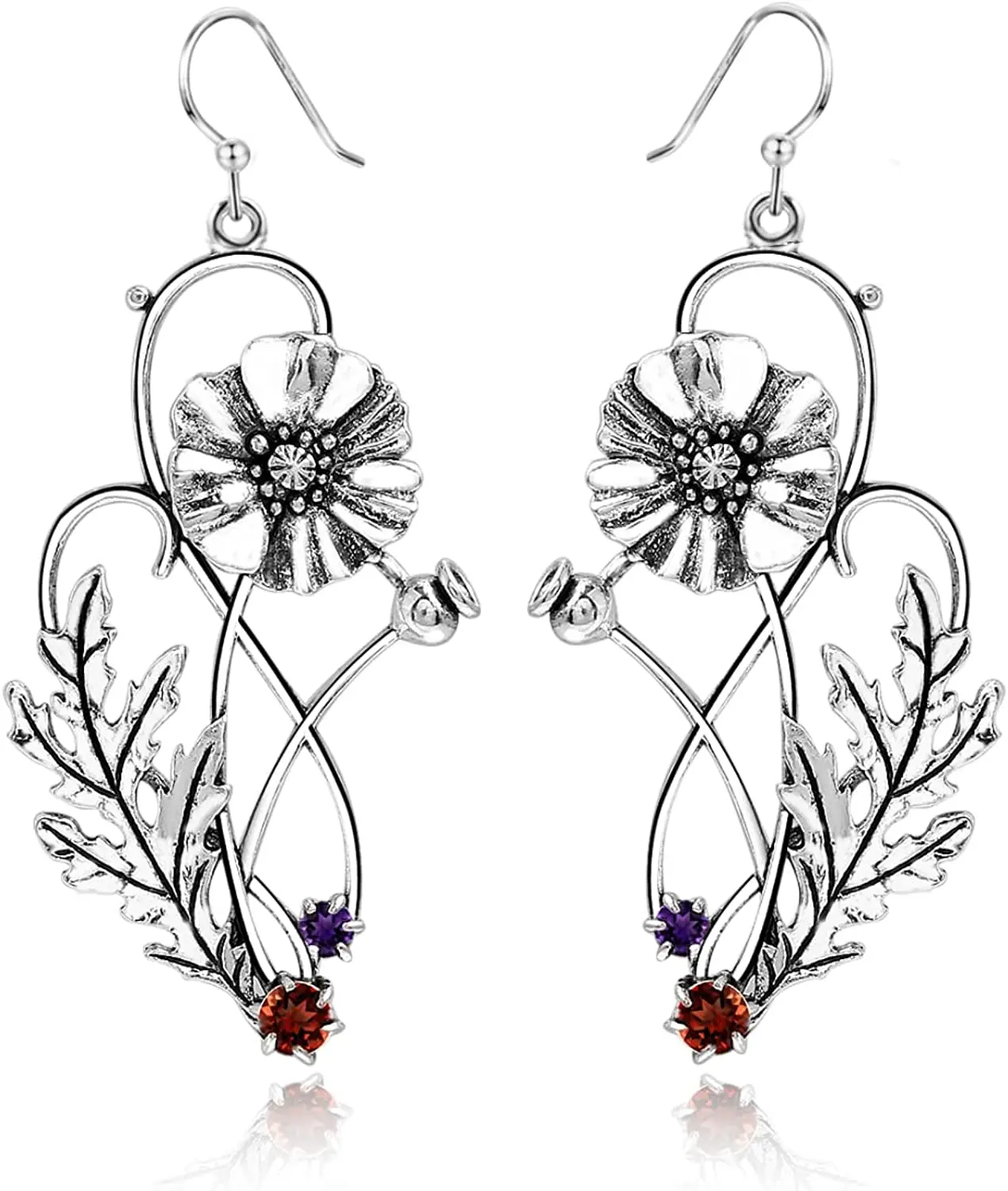 

Vintage Unique Design Floral Leaf Drop Hook Earrings Bohemian Lotus Inlaid Amethyst Women's Statement Dangle Earrings