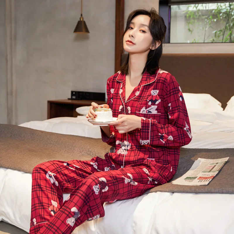 Couples' Pajamas Cotton Silk Men's and Women's New Spring/Summer Rayon Long Sleeve Pants Set Large Lovely Homewear