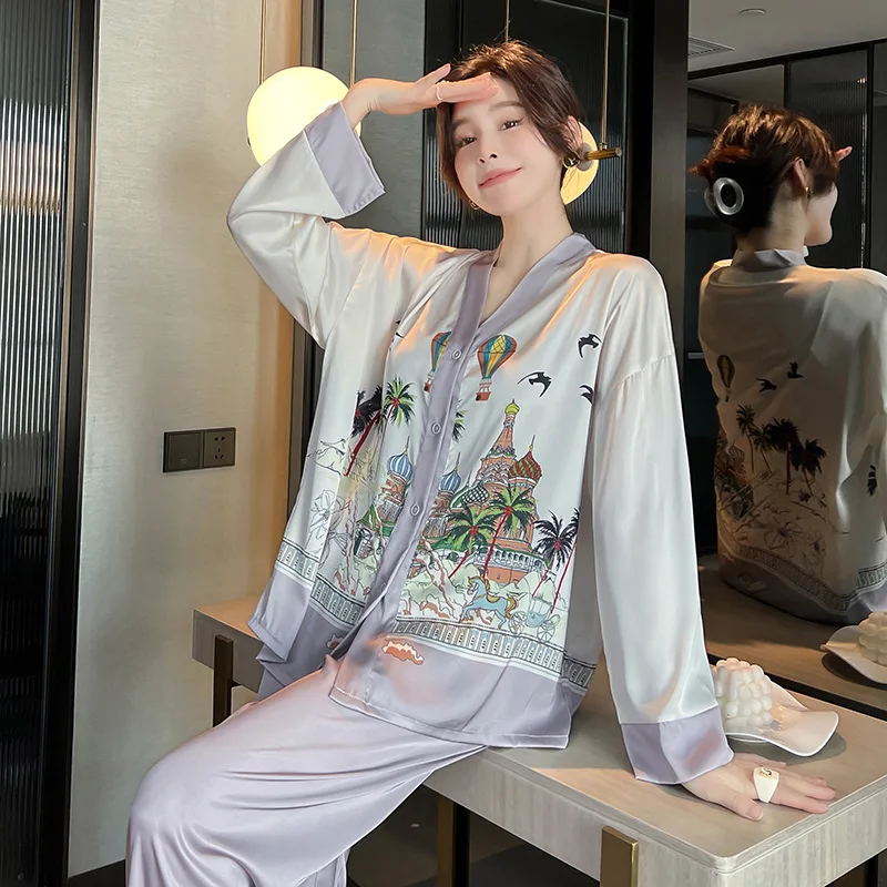 

Silk pajama women summer thin ice and snow silk long sleeve cardigan printed suit with a sense of foreign fashion home wear