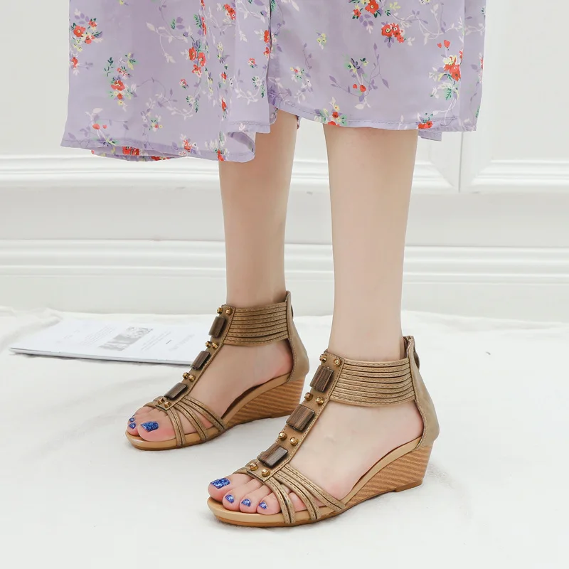 

2022 Spring New 5cm Thick Bottom Wedge Sandals Women's Outer Wear Rear Zipper Retro Roman Shoes