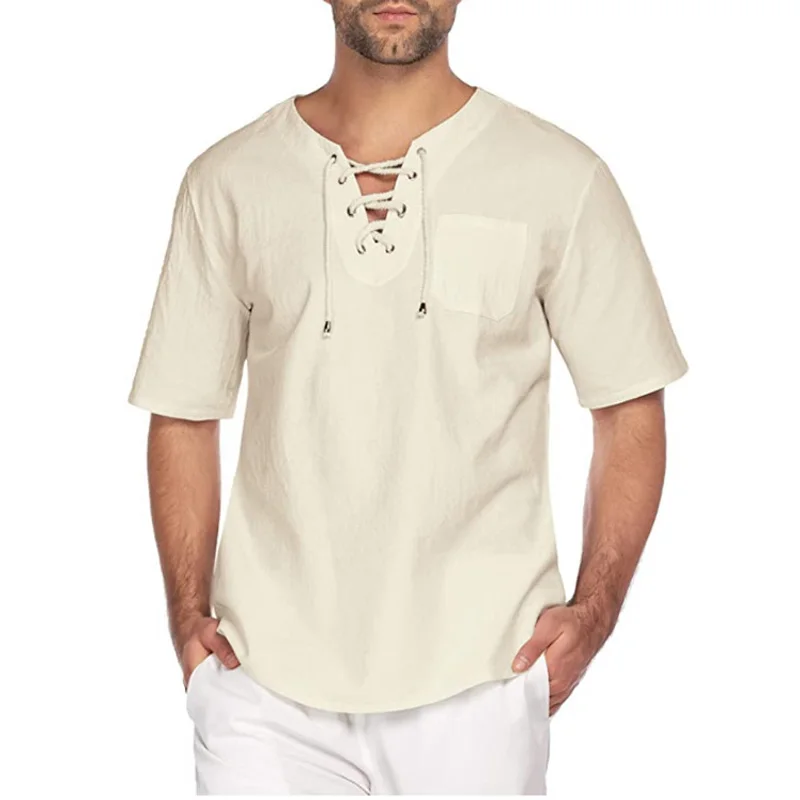 Men Cotton Linen Short Sleeve T-shirt Casual Loose V Neck Lace Up Tops Tee Shirt Men's Casual Blouse Streetwear