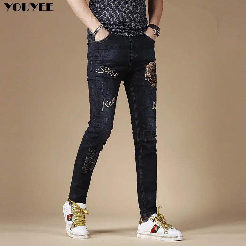 

Men's Jeans Leisure Elastic Long Pants Slim Fit Little Foot Tiger Embroidery New Fashion Streetwear Handsome Male Luxury