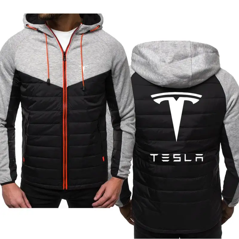 

2022 nova primavera e outono manga longa cor zíper com capuz jaqueta masculina, TESLA logotipo do carro impressão