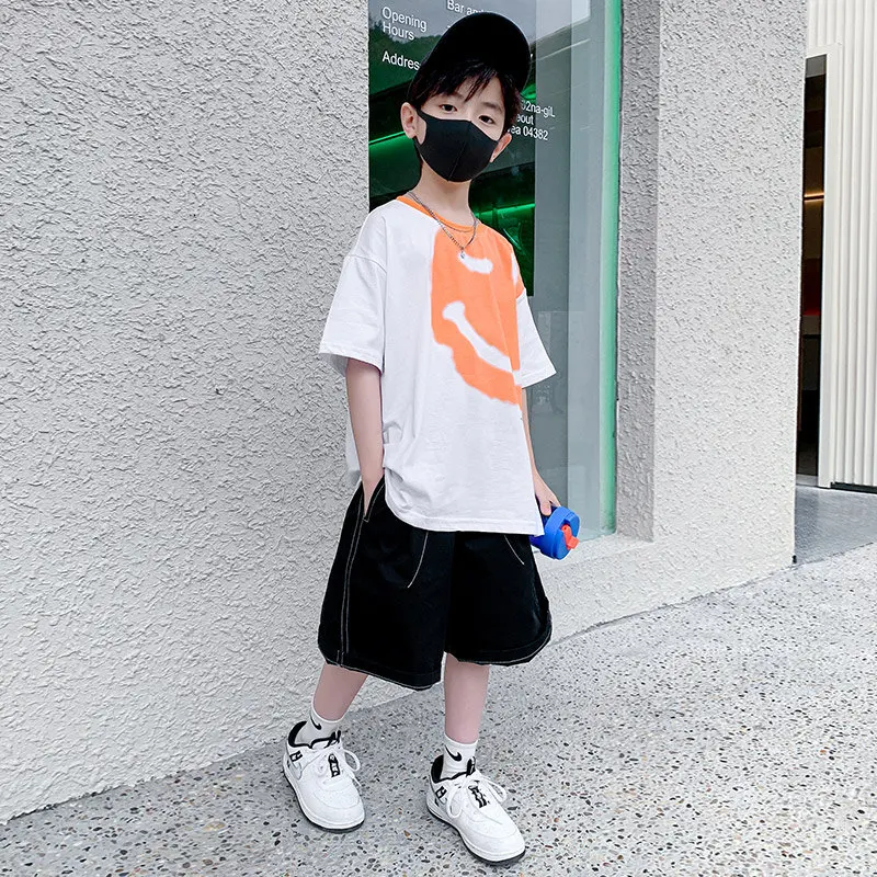 Boys Summer Funny Pattern 2022 New Fashion Teenage Clothes Children Korean Casual Loose Short-Sleeved T Shirt+Shorts 2pcs Outfit