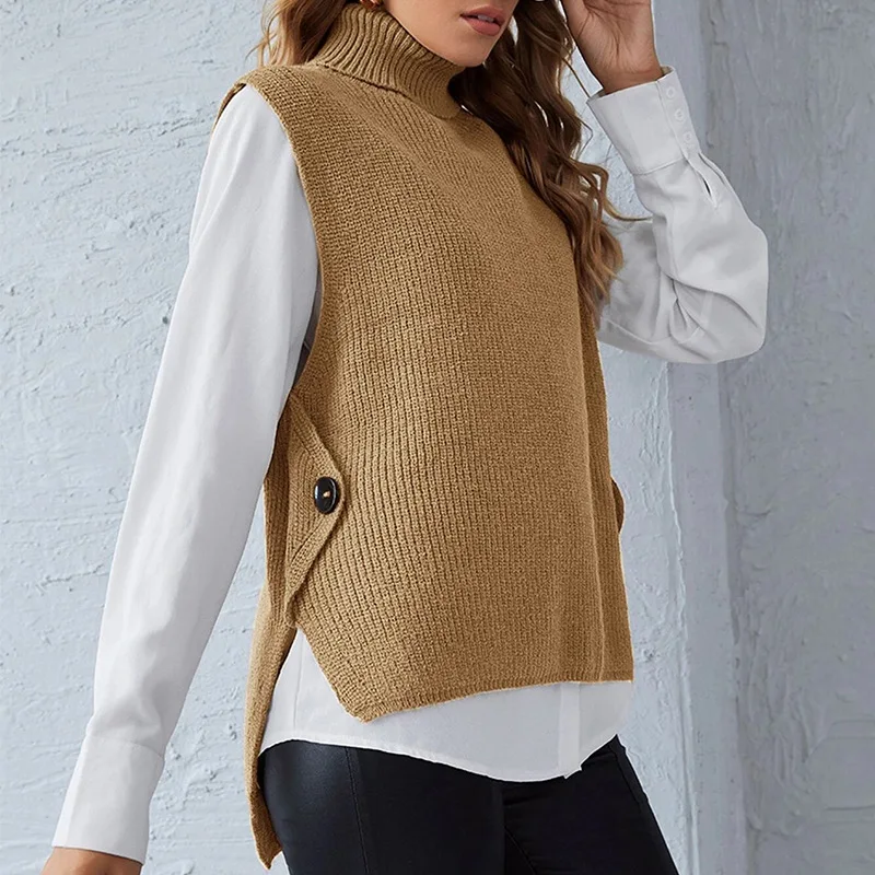 

Women'S Mock Turtleneck Sleeveless Knitwear Vest Side Slit High Low Tank Tops Knit Sweater Vest