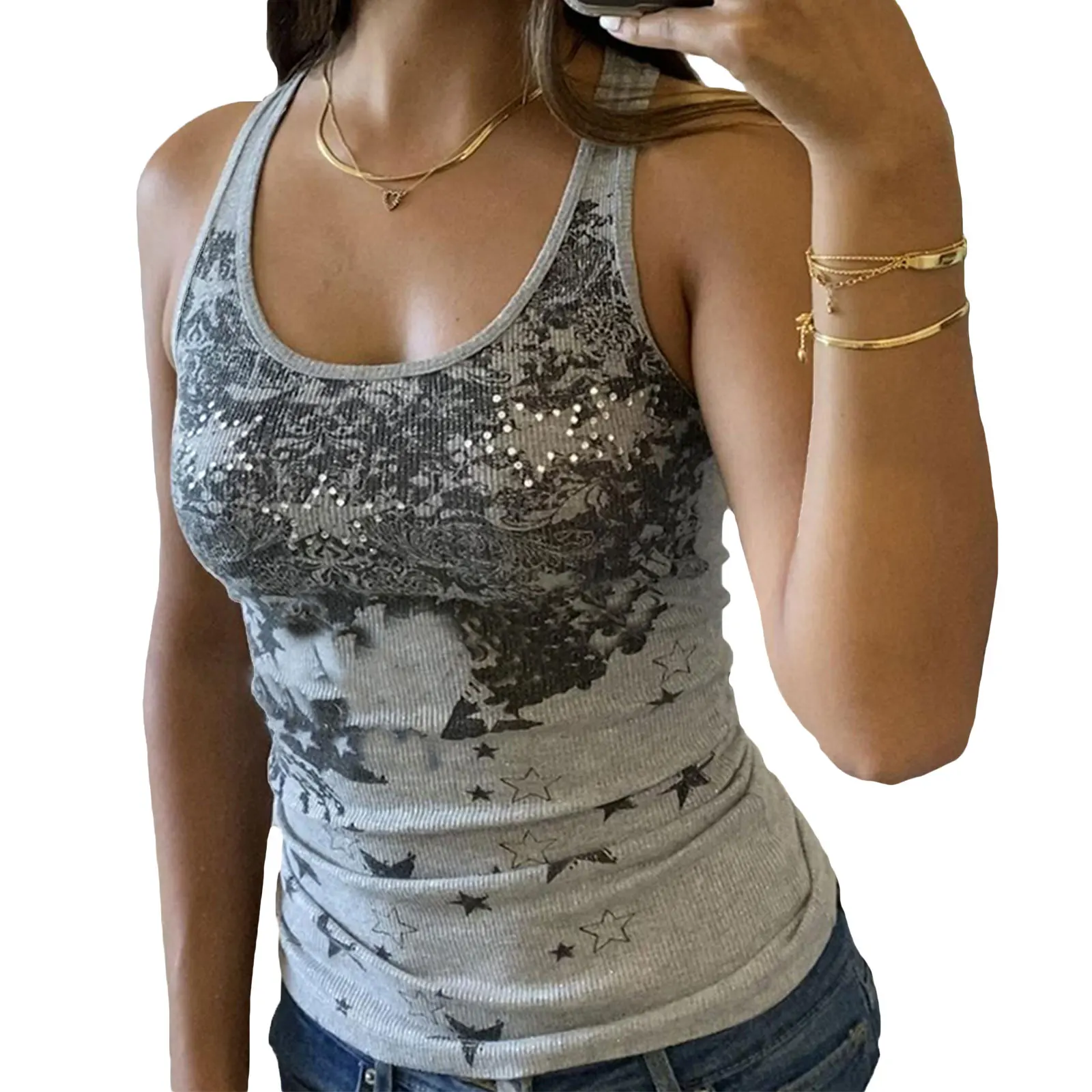 

Women's Summer Skinny Tank Tops Gray Sleeveless O Neck Stars Print Rhinestone Vests Female Casual Basic Camis Ladies Streetwear