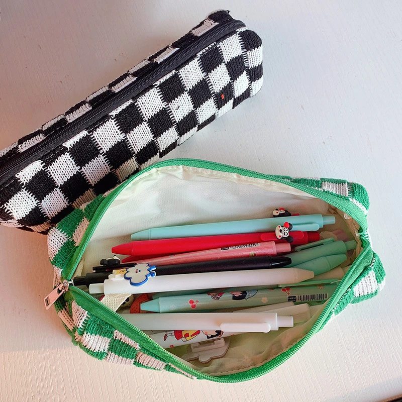 Students Fashion Checkerboard Lattice Custom Lined Pencil Bag Plaid Knitted Fabric Long Round Zipper Pouch