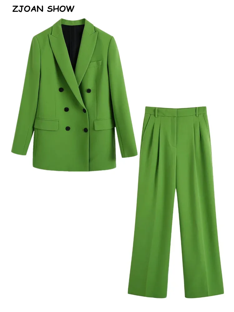 

2022 Spring Green Free style Center Buttons Blazer Boyfriend Vintage Women Match Set Wide Leg Pants Loose Trousers