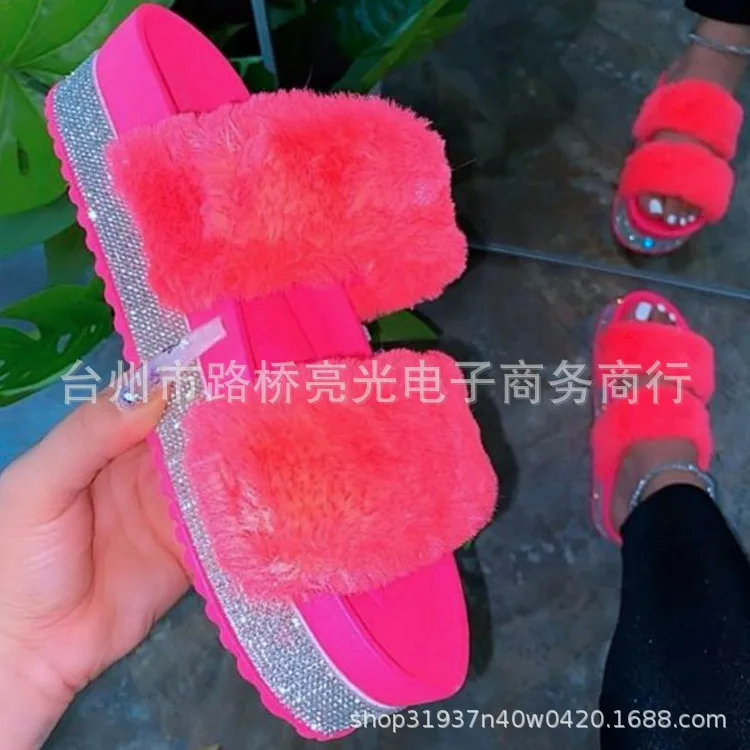 Women's Slippers Outdoor Rhinestone Fashion Casual Shoes for Women Lightweight Mid-heel Plush Slippers Plus Size 36-43