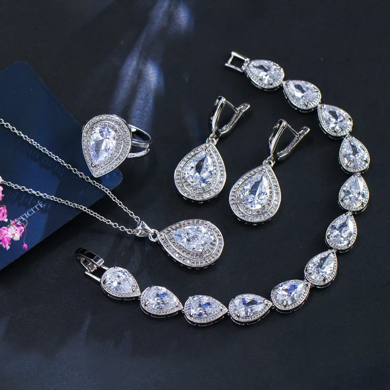 

White Topaz 925 Sterling Silver Necklace Earrings Bridal Jewelry Sets for Women Fashion Accessories Charm Bracelet and Ring Sets