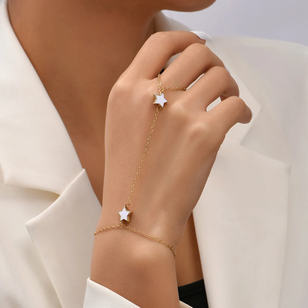 

Простая цепочка, браслет, звено, кольцо для женщин, женская белая звезда, соединение рук, жгуты, браслеты на палец, ювелирные изделия, аксессу...