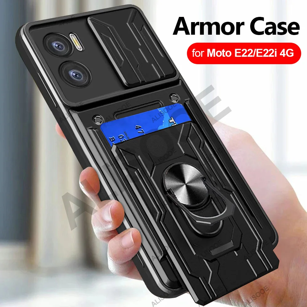 

For Motorola Moto E22 E22i 4G Case Card Slot Ring Stand Holder Slide Lens Protect Phone Cover For Motorola E22 E22i Armor Cases