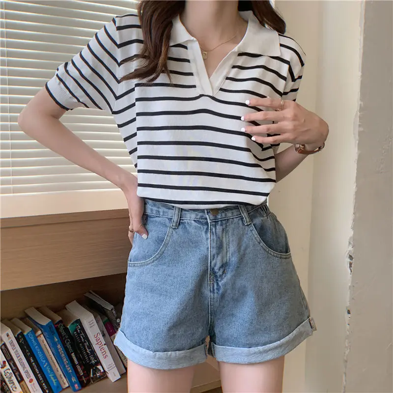 

Summer sweet show thin new style stitched lapel stripe sweater feminine temperament slim short-sleeved shirt black