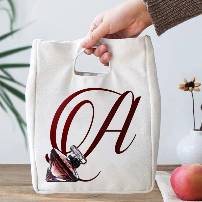 

I Love Perfume Print Portable Lunch Bags Harajuku 26 English Alphabet Thermal Insulated Tote Bags Vintage Lunch Bags for Women