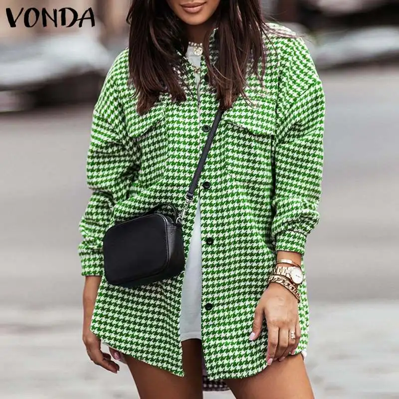 

VONDA 2022 Spring Elegant Checked Plaid Chemise Collar Tunic Tops Bohemian Blouse Women Vintage Long Sleeve Lapel Blusa Oversize