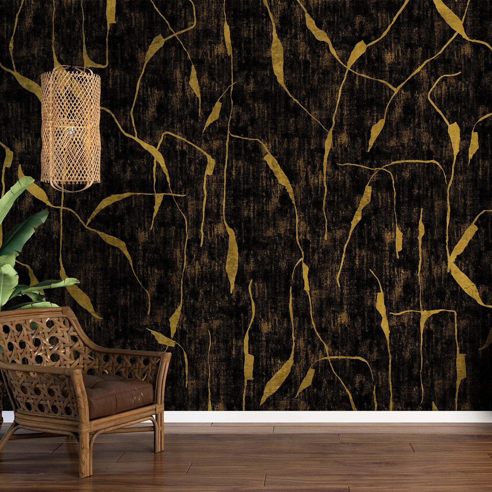 Zeeko абстрактный черный и золотой увядший лотос лист корни большая роспись