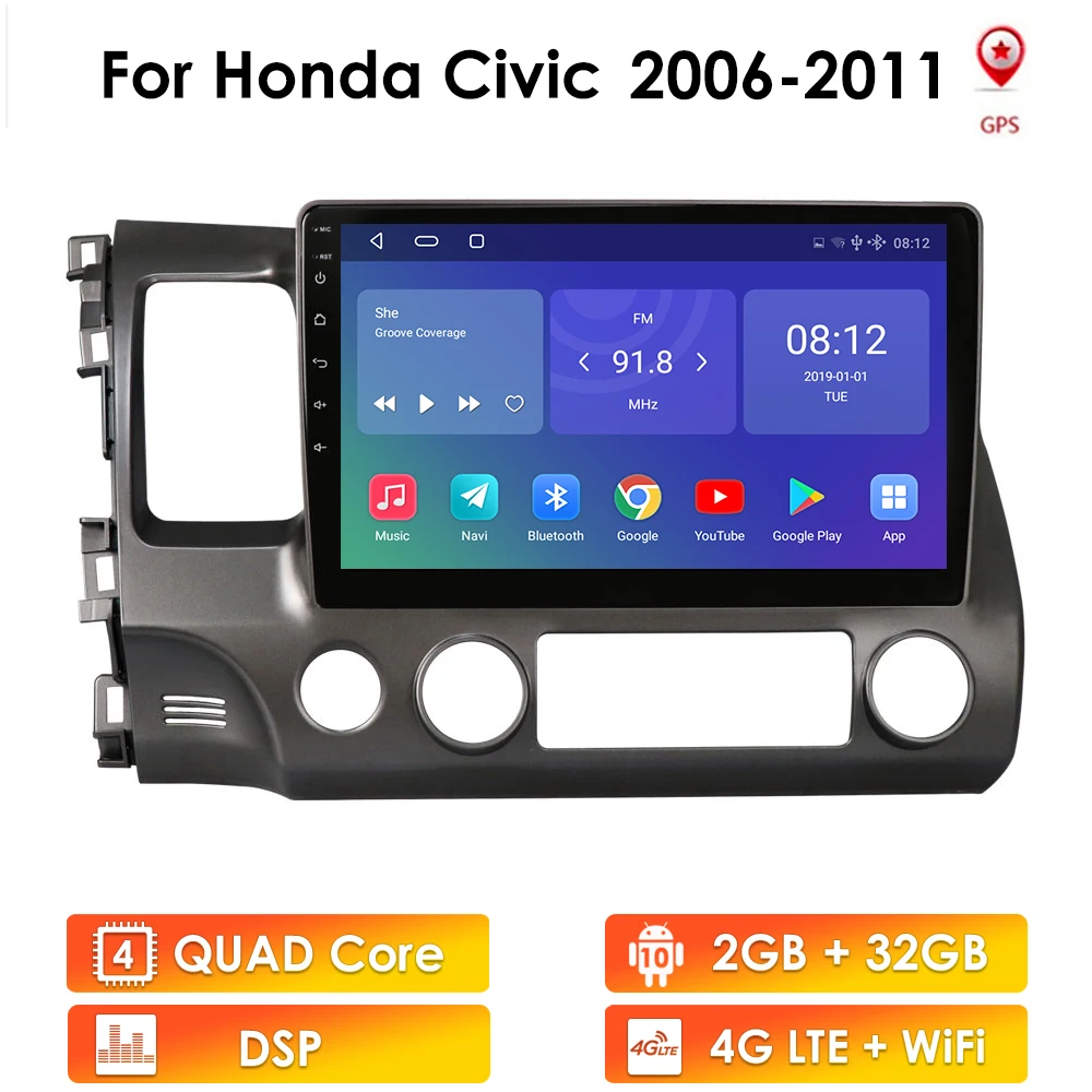 

10.1 Inch 2Din Android 10 Car GPS Radio Multimedia Player For Honda Civic 2006-2011 Navigation 2G 32G BT WIFI 4G LTE SWC NO DVD