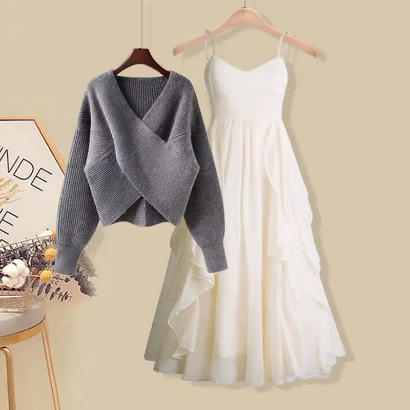 

Autumn Women's Knitting Solid Color Pullover Sweater + Slim Dress Two-Piece Set for Women