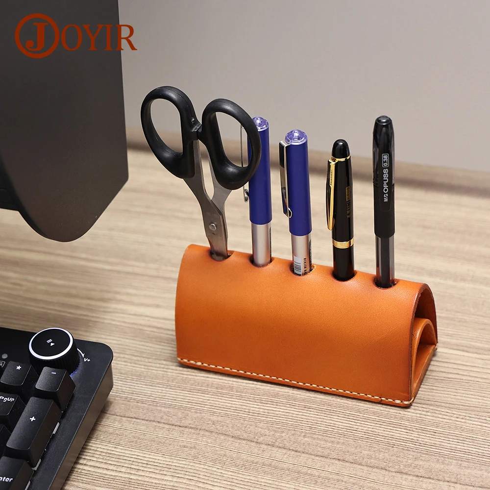 JOYIR 5 Slot Display Stand Durable Genuine Leather Holder for Pens Pencils Makeup Brush Organizer for Home Office Store Use