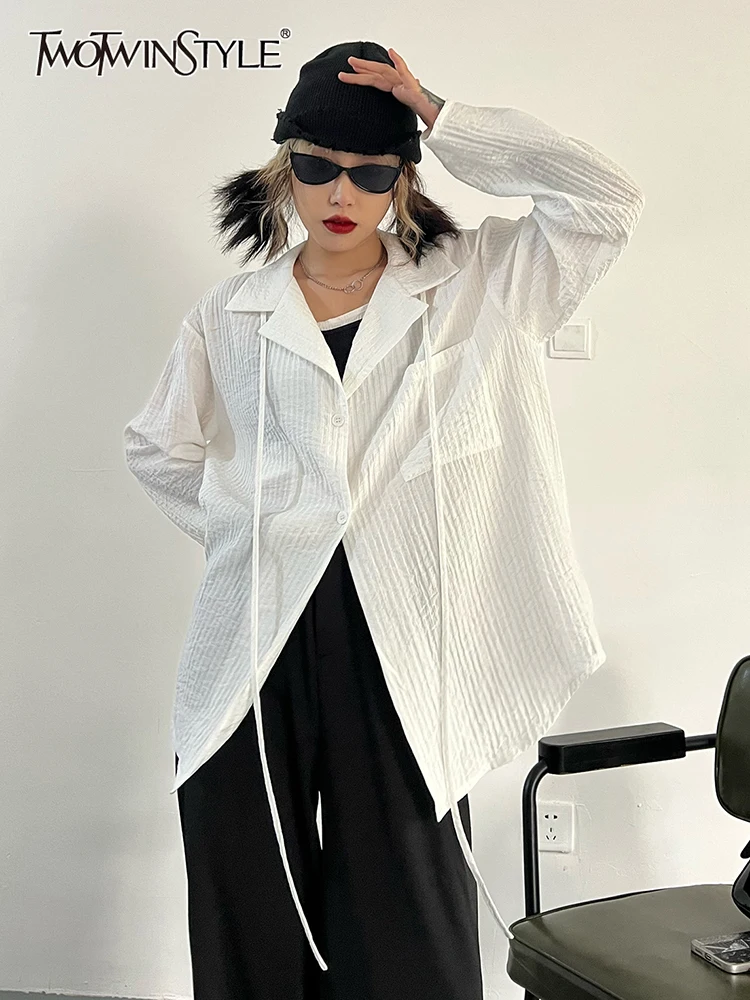 

TWOTWINSTYLE Elegant Sun Protection White Shirt For Women Lapel Collar Long Sleeve Single Breasted Blouses Female Spring Clothes