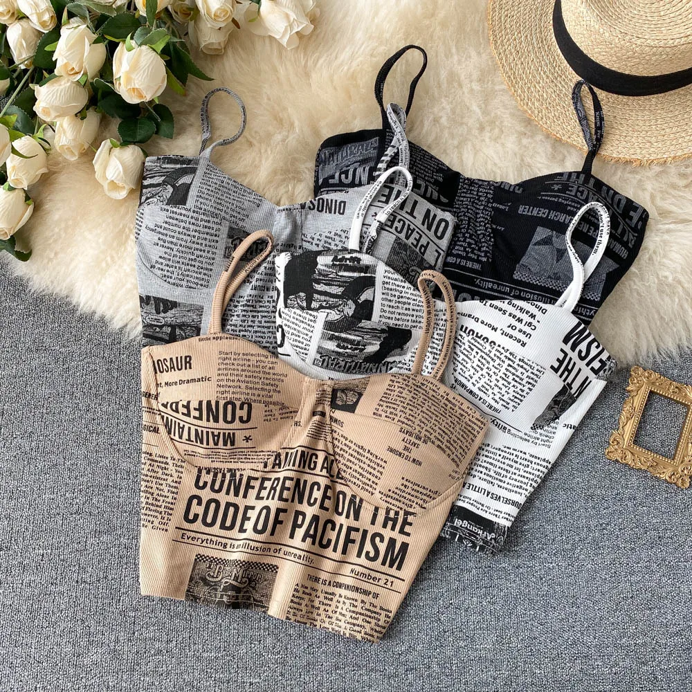 

Women Push Up Camisole With Bra Sexy Top Women Suspender Tank Fashion Printed Newspaper Camis Female Soft Sleeveless Top