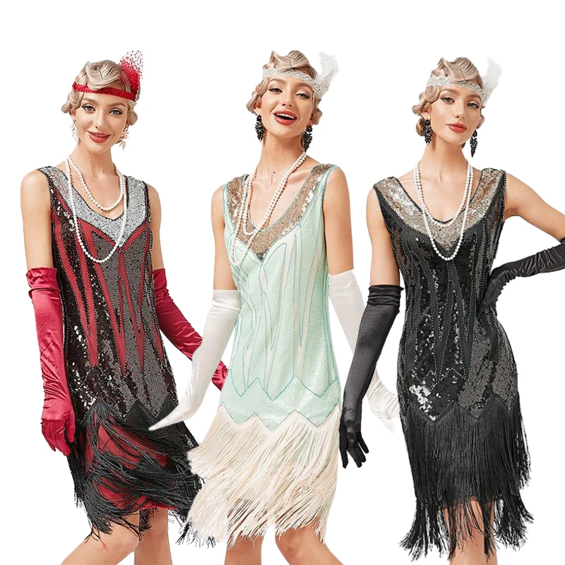 

Summer New Women Vintage Dress V Neck Beaded Fringed Tassels Cocktail Prom Wedding Party 1920s 30S Flapper Dress Size XS-3XL
