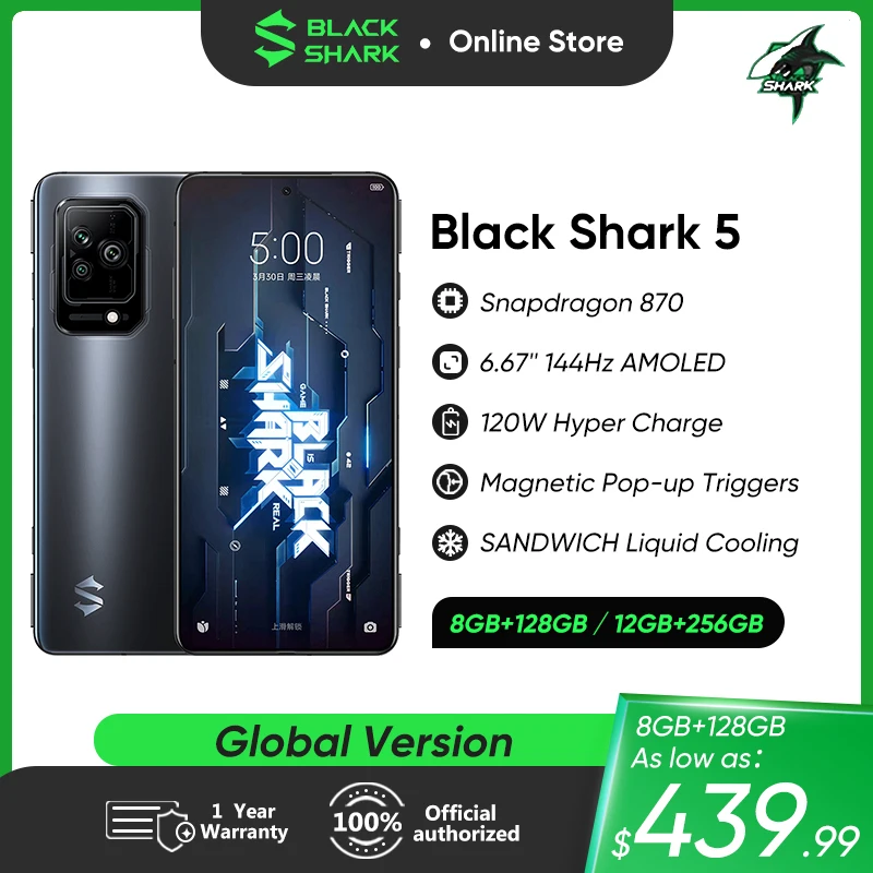  [In Stock]Black Shark 5 5G Smartphone Global Version Gaming Phone Snapdragon 870 Octa Core 120W SuperCharge 4650mAh 144Hz AMOLED