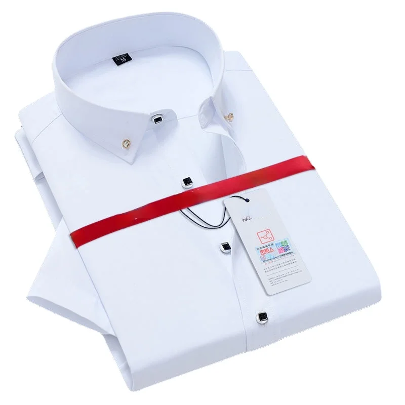 

Men's Short Sleeve Button-down Shirt Pocket-less Luxury Business Dress Shirt Casual Standard-fit Korean High Quality White Shirt