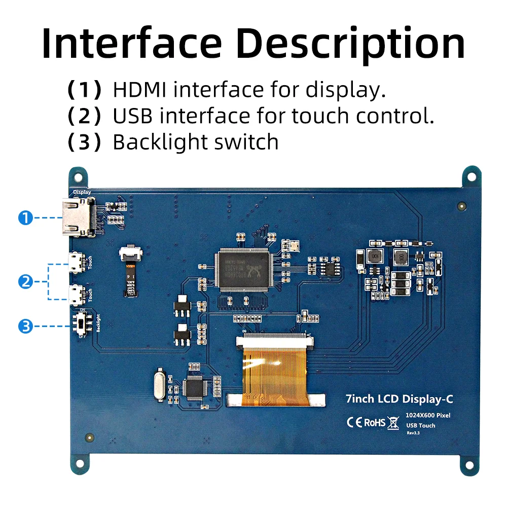 Фото 7-дюймовый IPS LCD HDMI-дисплей для Raspberry Pi, сенсорный монитор 1024*600, время отклика 2-3 секунды №4