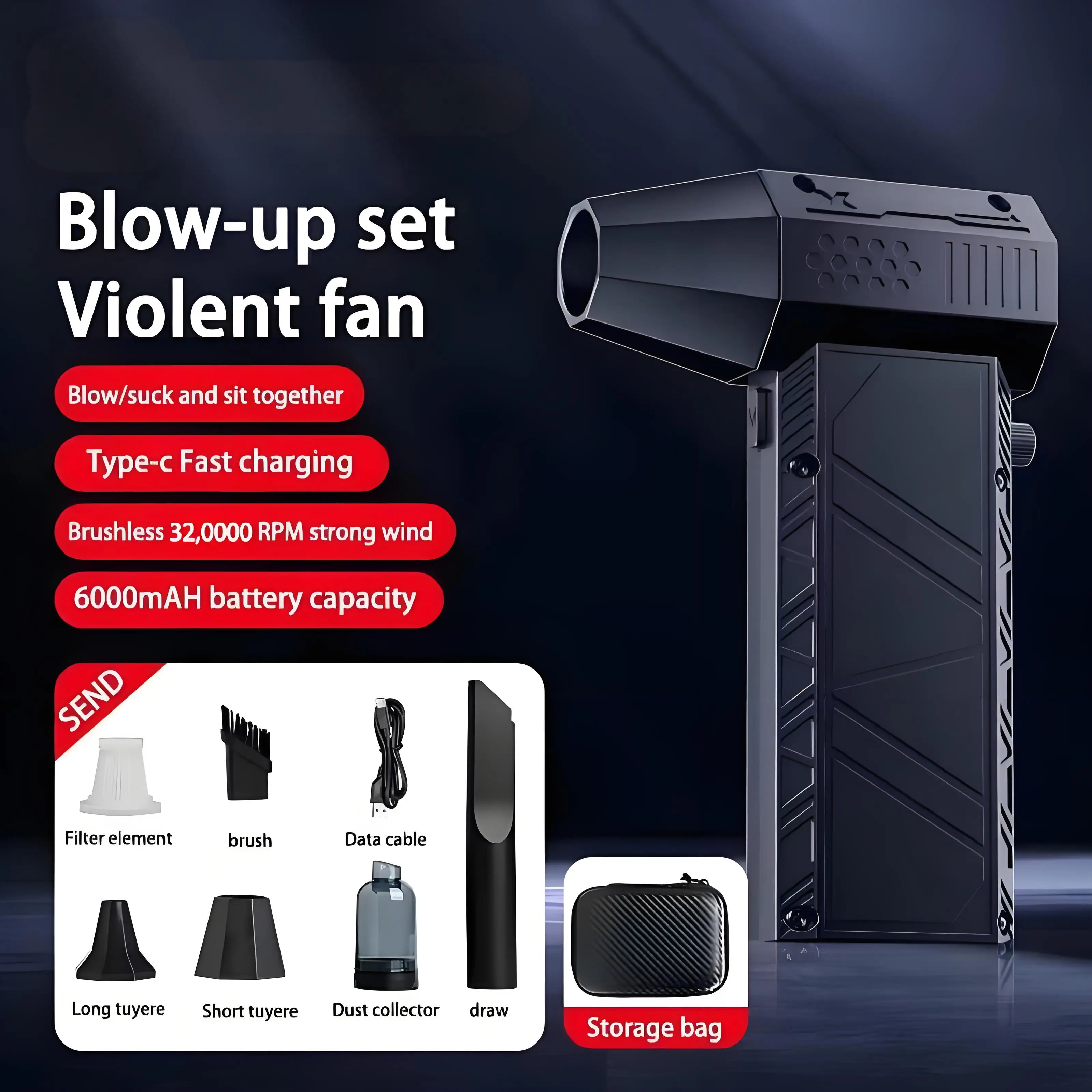 

Новый электрический вентилятор с жестоким вентилятором 320000 об/мин, пылесос Type-C Charge, сильный ветер, 53 м/с, бесщеточный турбоструйный вентилятор ﻿