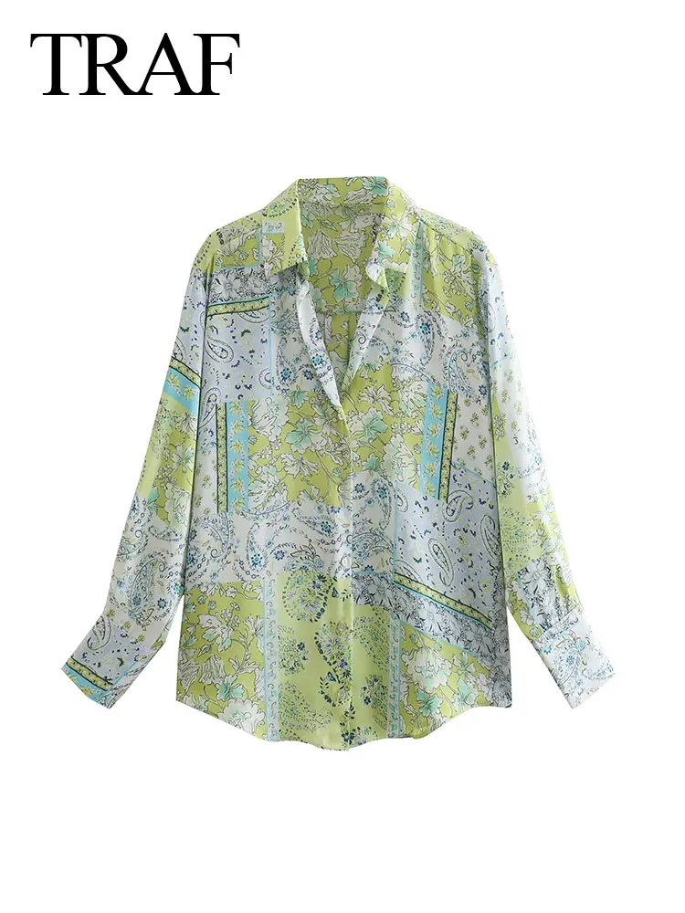 

TRAF ZA Women's Clothing Lapel Blouse Long Sleeve Shirt Blouse Fashion Lady Vintage Streetwear Floral Printing Loose Casual Tops