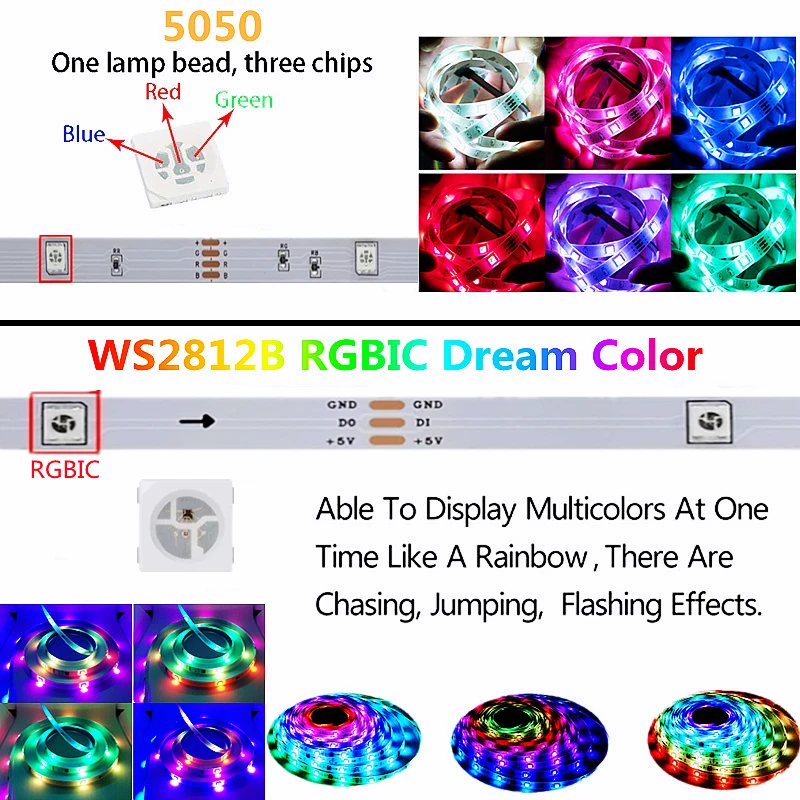 USB LED Strip Light WS2812B RGBIC 1M-30M RGB 5050 Bluetooth Control Flexible Lamp Tape Ribbon Diode For Room Holiday Party Luces |