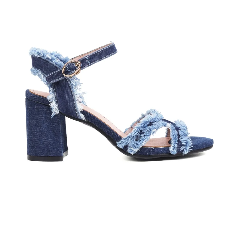 new ankle strap designer shoes women sandals thick high heels ladies dress party high heel fashion blue denim gladiator sandals