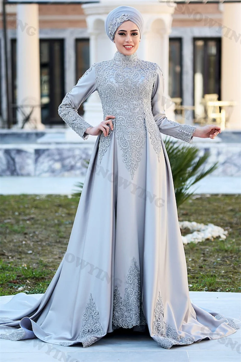 

Long Sleeve Muslim Evening Dresses Islamic Satin Appliques Hijab Formal Party Gowns Women Arabic Kaftan Robes De Soirée