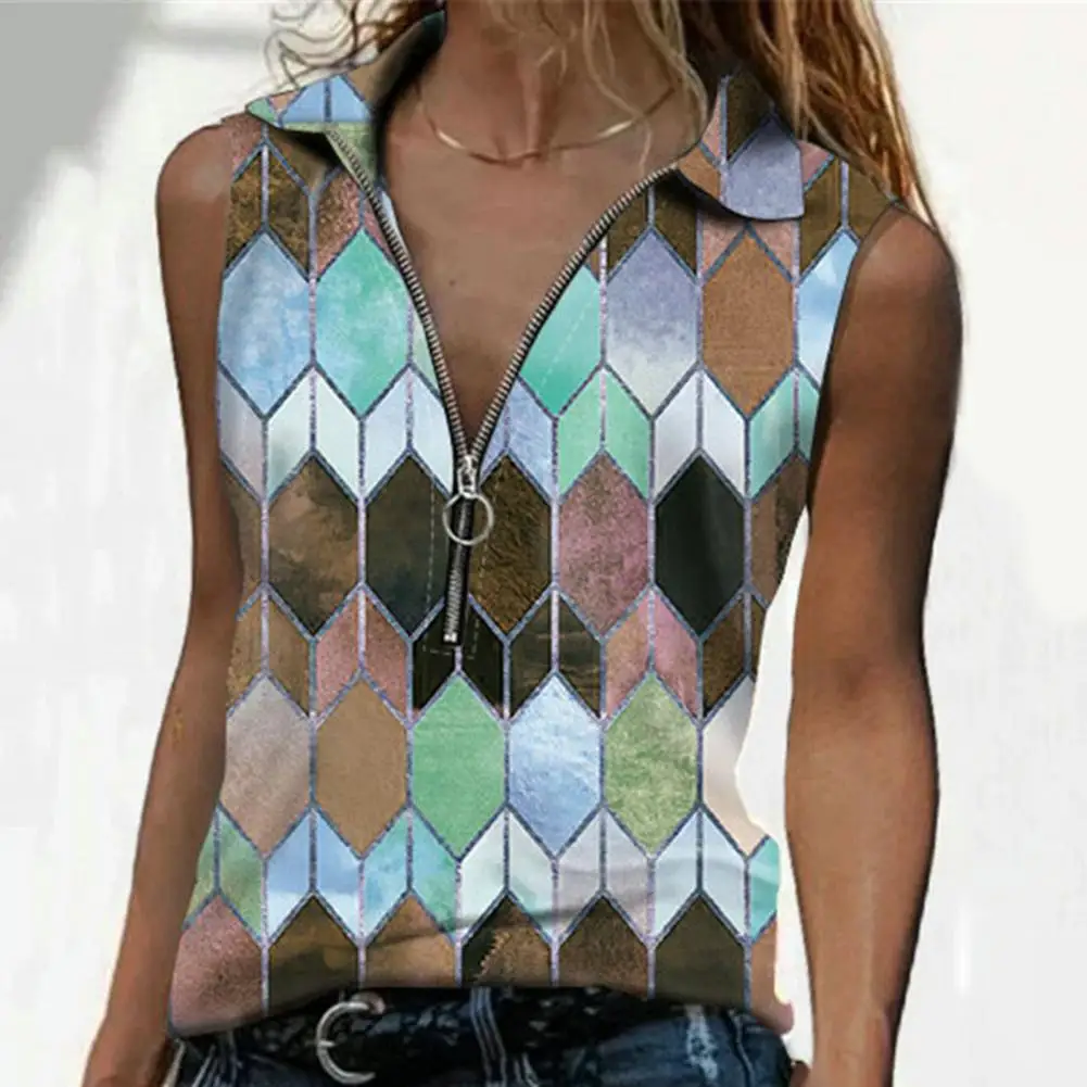 

Sweet Lady Top Turn-down Collar Lady Summer Vest Rhombus Printing Daily Wear Breathable Lady Summer Vest