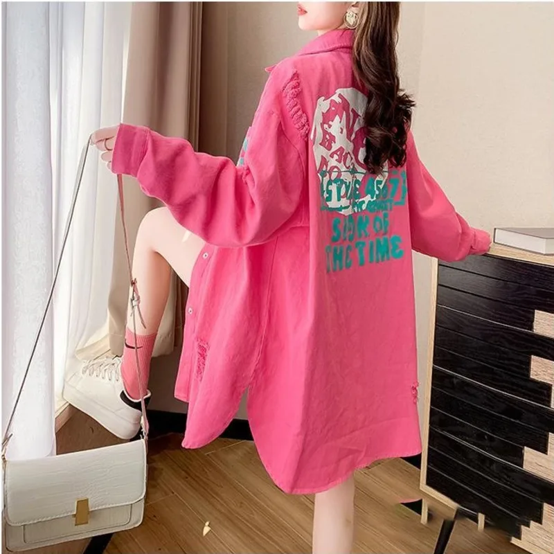 

Thin Denim Shirt Jacket Women Vintage Korean Loose Design Sense Letter Print Long Irregular Bottom Hole Casual Long Shirt Coat