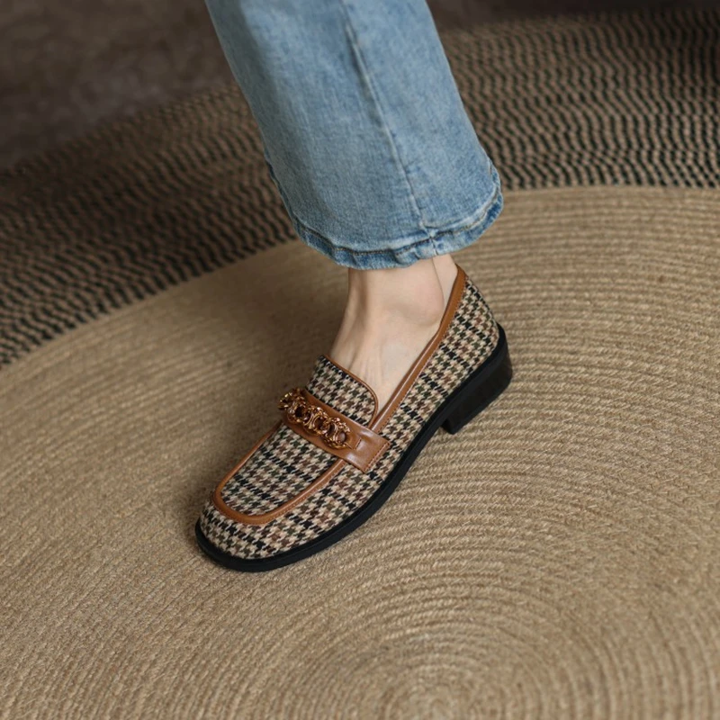 

2002 Spring Women Shoes Slip on Loafers Platform Heels Casual Square Toe Flats Retro Genuine Leather Shoes Shoes Woman