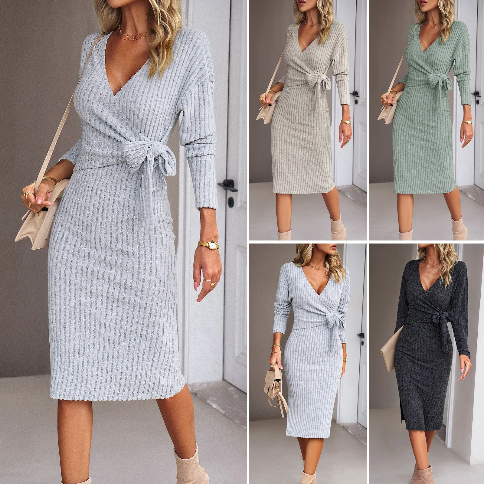 

Diyun Women's 2023 Autumn/Winter Independent Station V-neck Long Sleeve Knitted Lace Dress